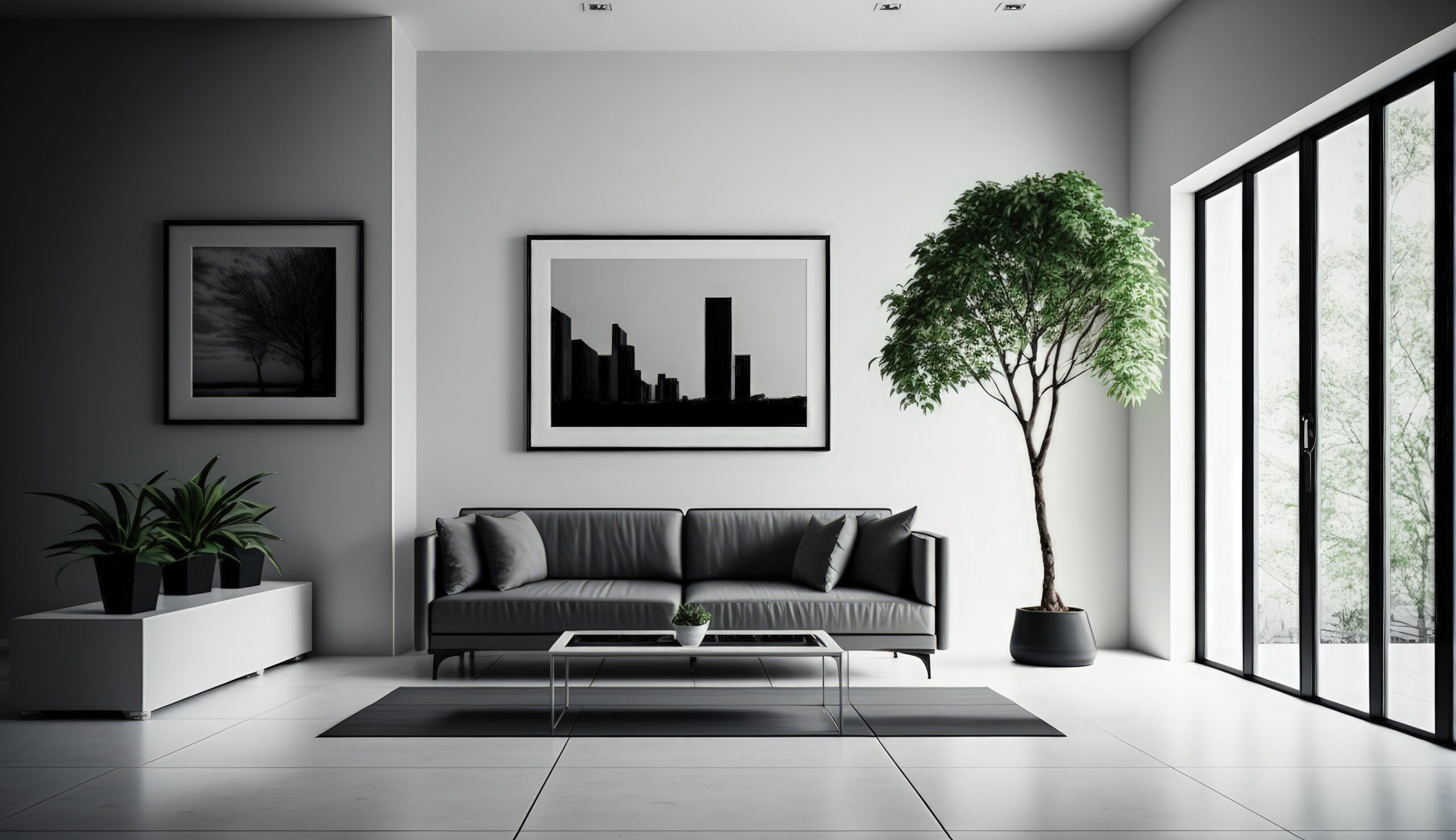 modern minimalistic interior design of light bright monochrome room with black and white furniture, clean white walls and huge windows.Generative AI